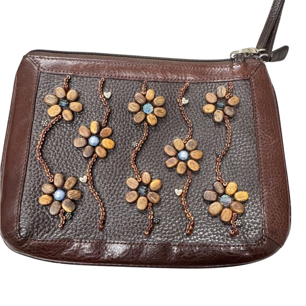 Brighton Vintage Brown Leather Wood Beaded Crossbody Handbag Purse Boho Bag